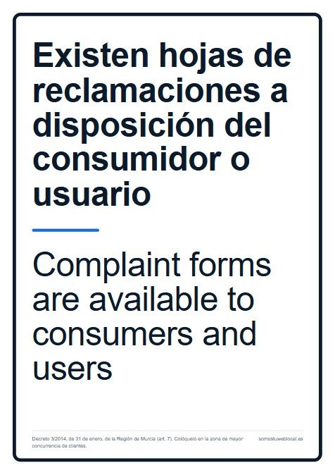 Cartel A4 para imprimir: Existen hojas de reclamaciones a disposición del consumidor o usuario, con la traducción al inglés