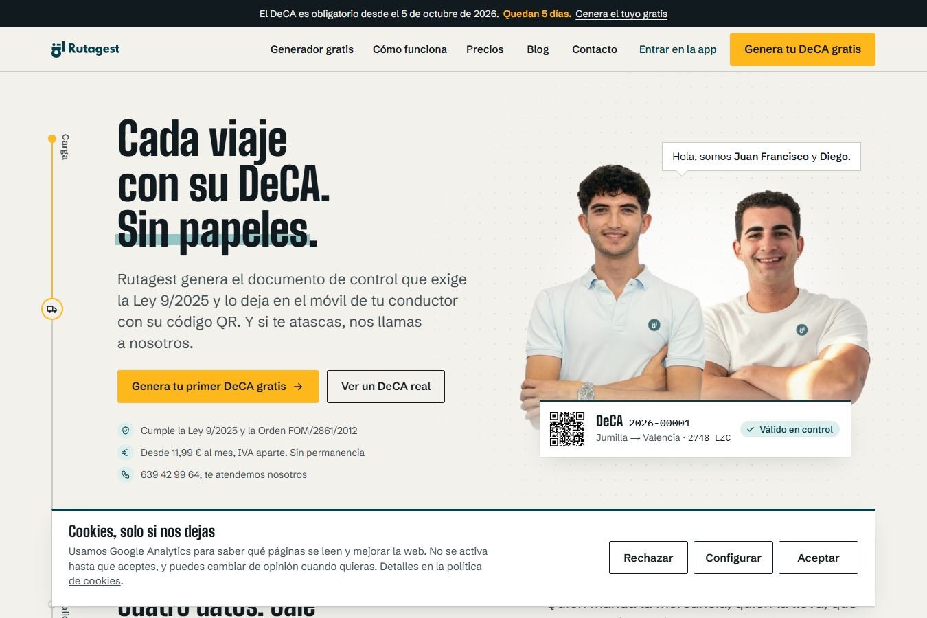 Captura de la web de Rutagest con un documento electrónico de control de ejemplo y su código QR en el móvil del conductor